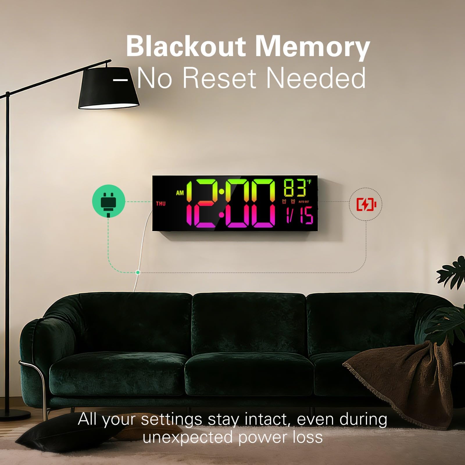 JALL 16inch black digital wall clock angled view