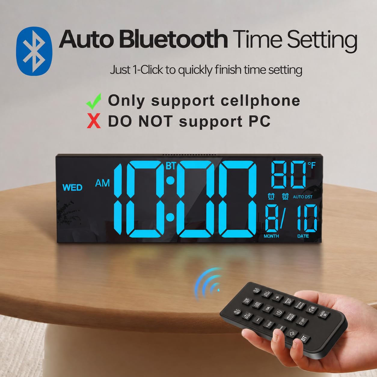 Clock mounted on wall with blue housing