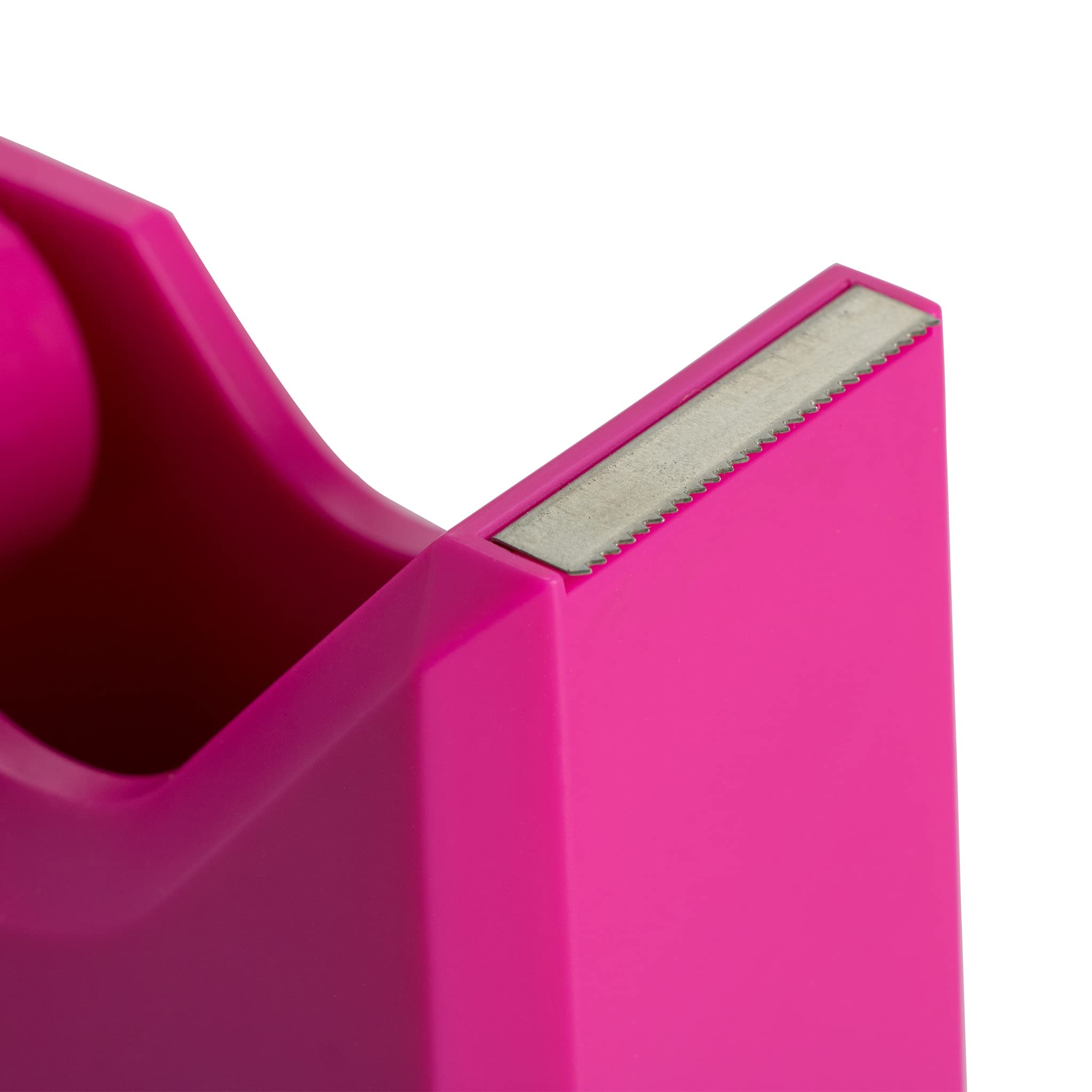 Pink desk tape dispenser with serrated edge and smooth finish