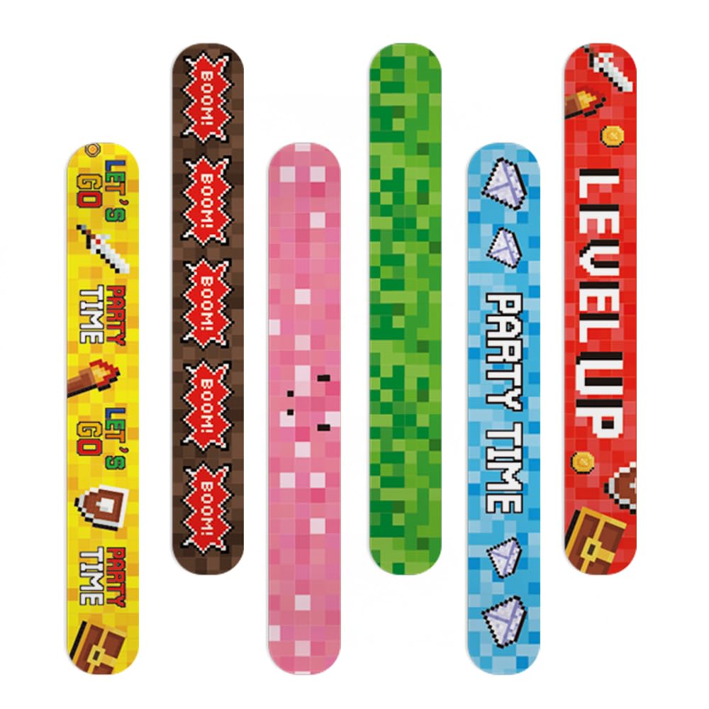 Pixel Party Favor Slap Bracelets showing 6 styles and 24 pcs