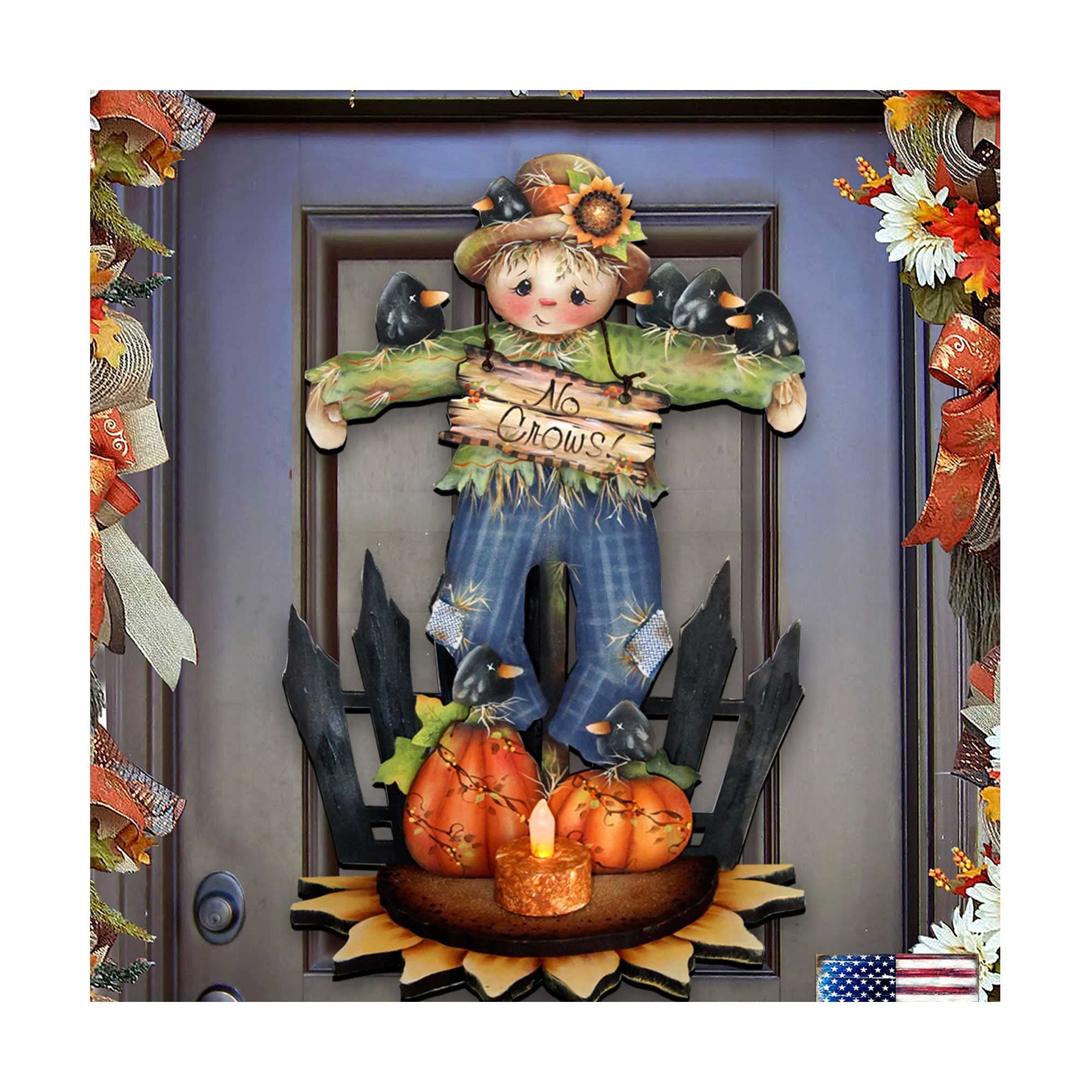 Jamie Mills-Price Halloween No Crows Scarecrow wooden hanging door decoration