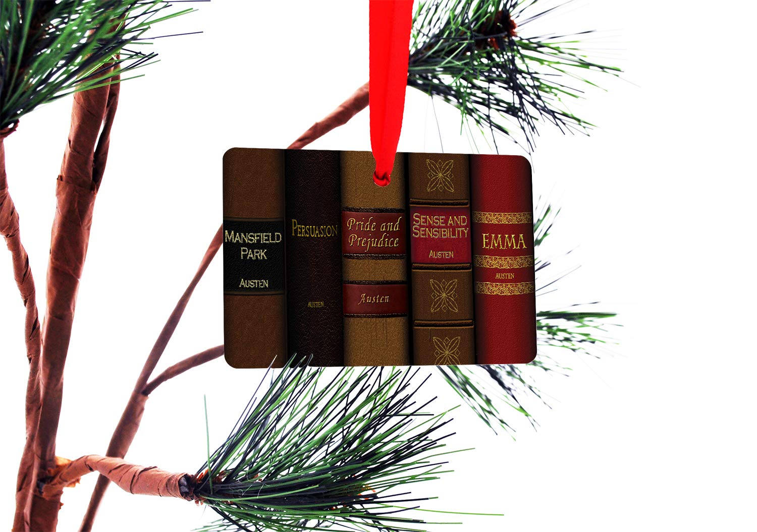 Jane Austen aluminum Christmas Tree Ornament with red hanger