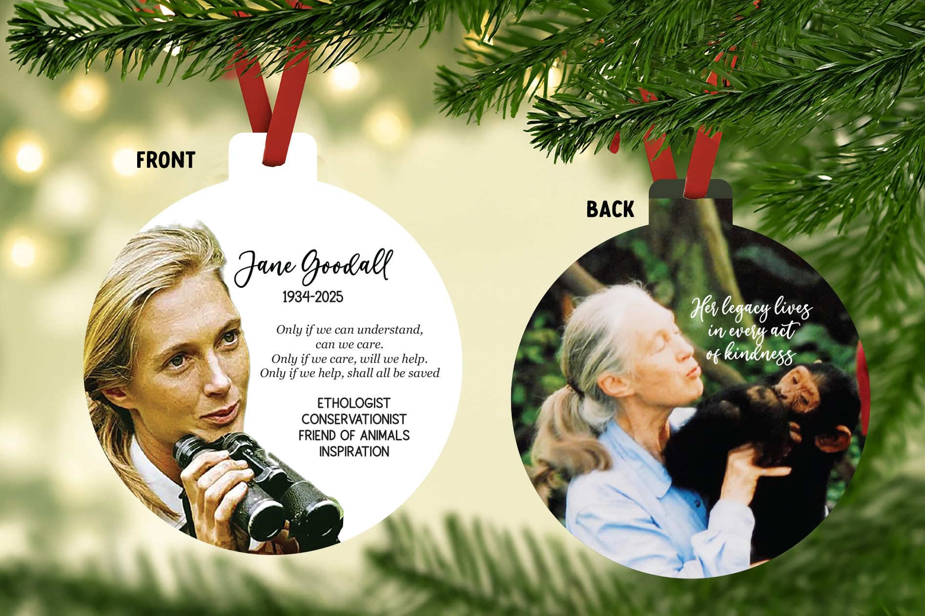 Jane Goodall Memorial Christmas Ornament back side design