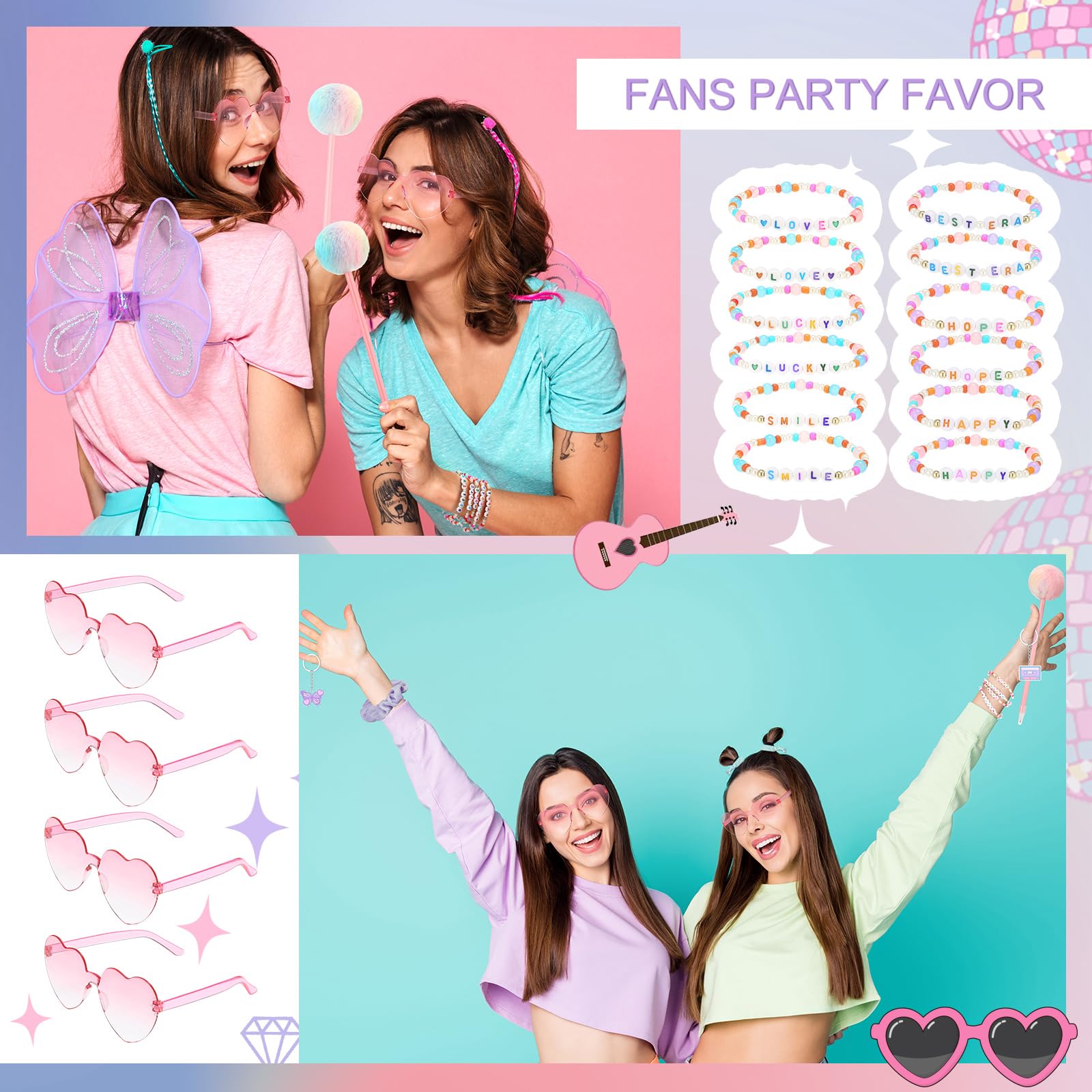 Pink heart shaped sunglasses included in the set