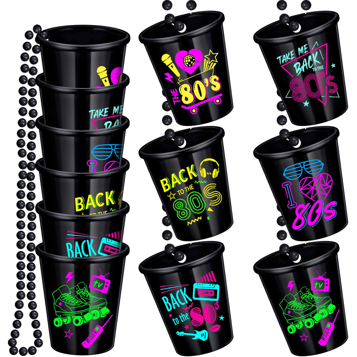 Janmercy 12 pack 80s shot glass necklace set with six retro patterns