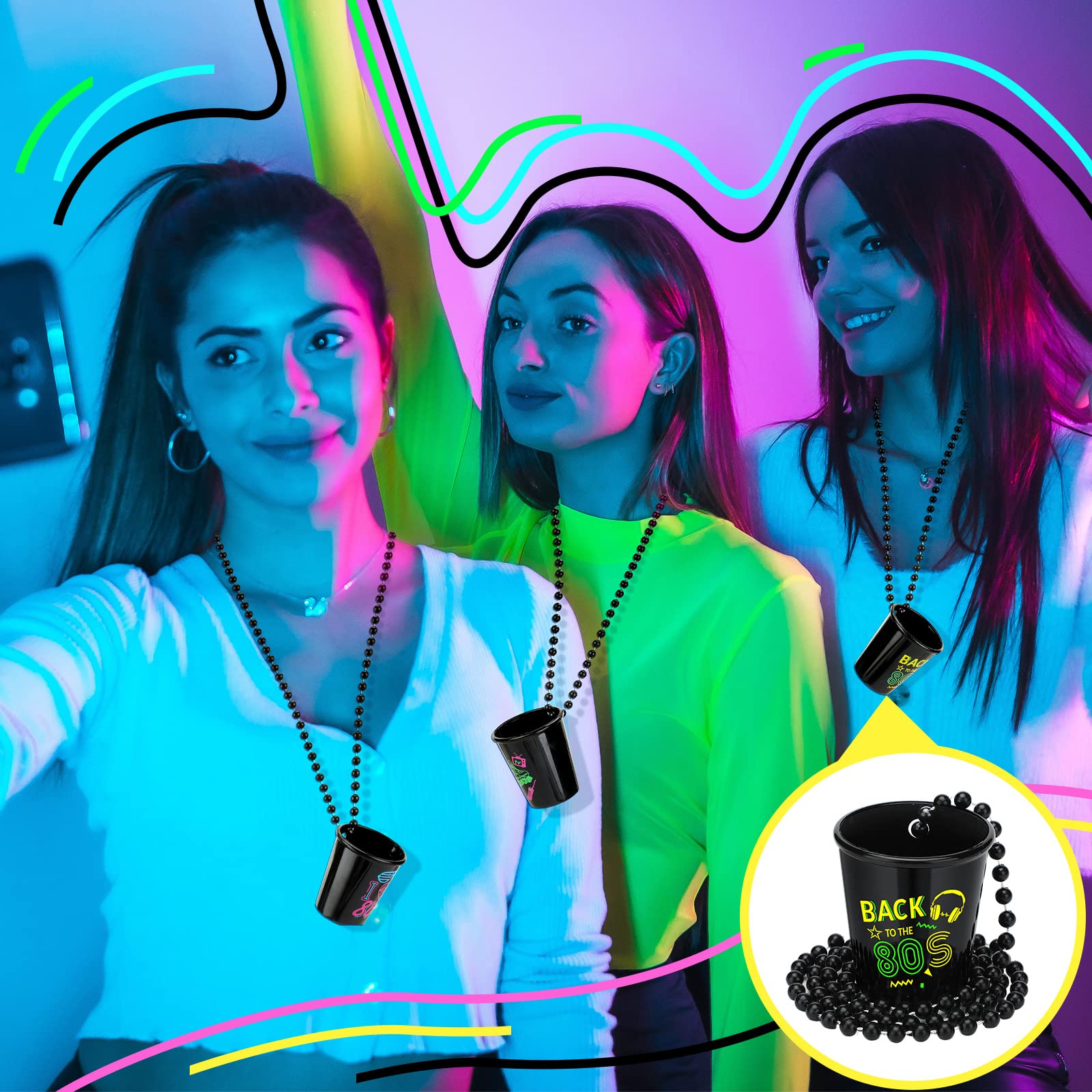 Twelve piece set in black background shot glass necklaces with color matching cords
