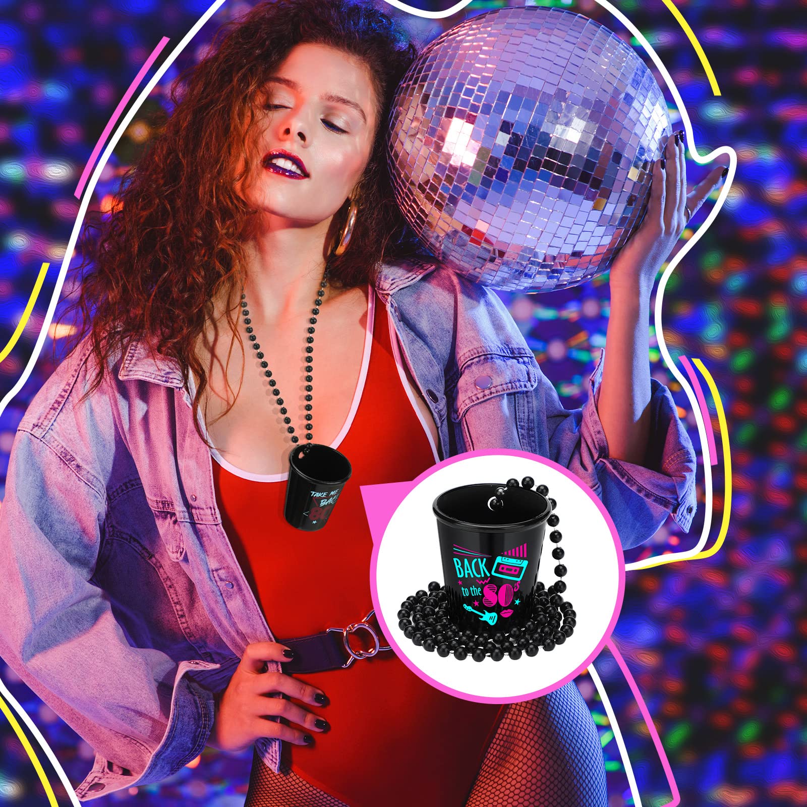 Beaded plastic shot glass necklace decor for 80s parties by Janmercy