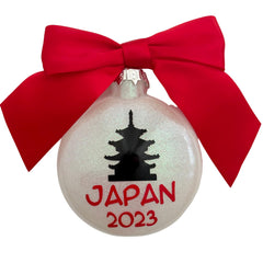 Japan 2023 Christmas Ornament glass M&M shaped disc red bow white writing