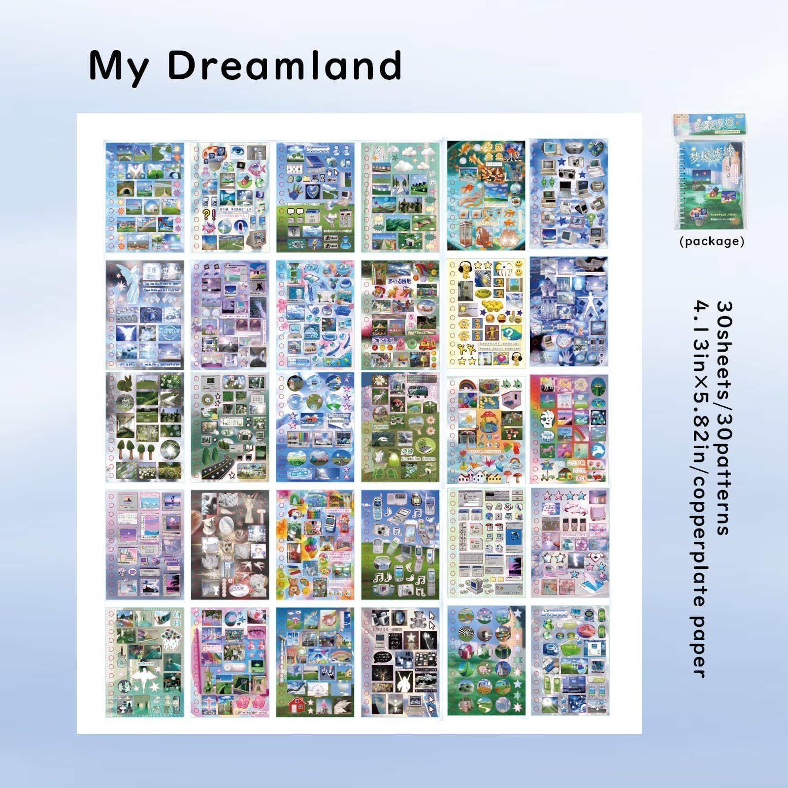 Dreamcore sticker book pages with nature sceneery