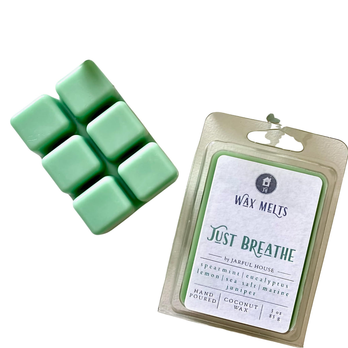 Jarful House Just Breathe aromatherapy wax melts six 1-inch cubes light green coconut wax