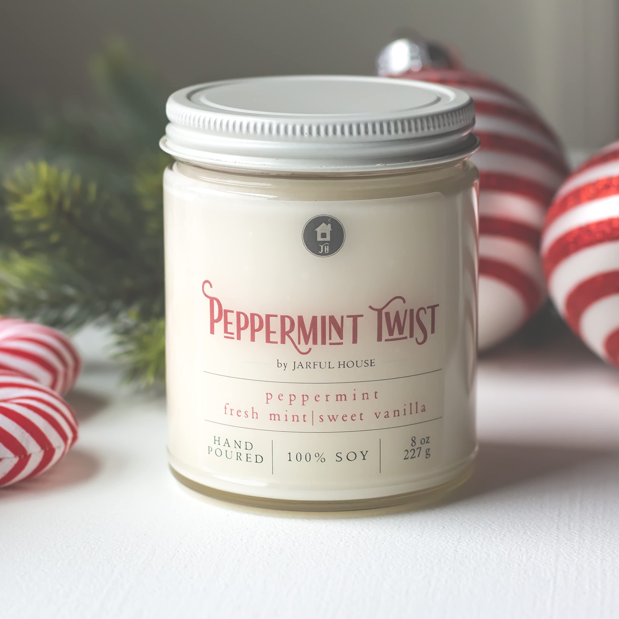 Peppermint Twist Jarful House Christmas Candle 8 oz packaging
