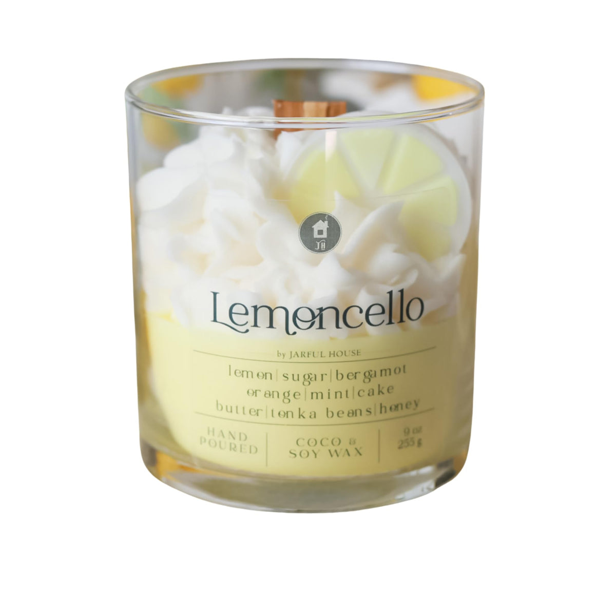 Jarful House Lemoncello dessert candle 9 oz side view