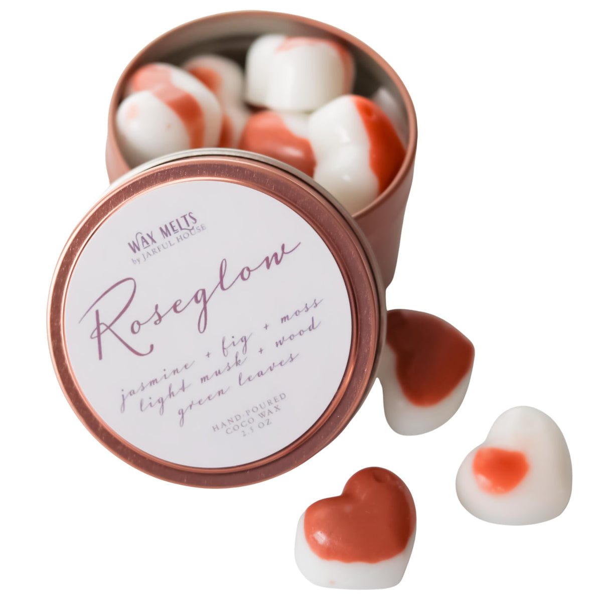 RoseGlow wax melts by Jarful House in white and RoseGold heart tin