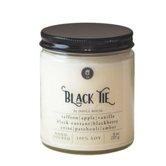 Jarful House Black Tie scented candle 8 oz soy in glass jar with black lid