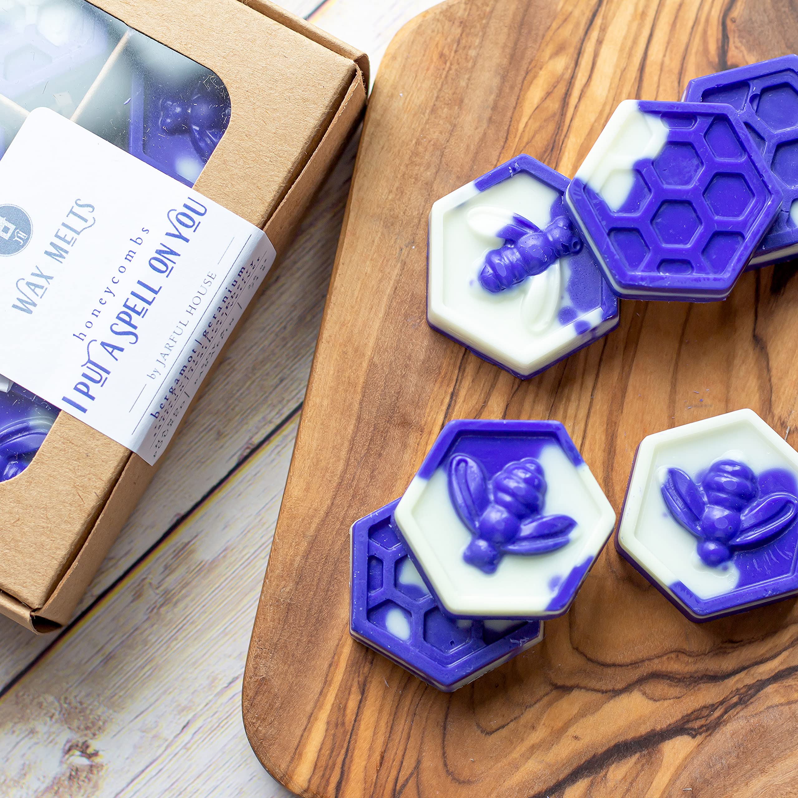 Black Violet and Saffron scented wax melts with bergamot geranium notes