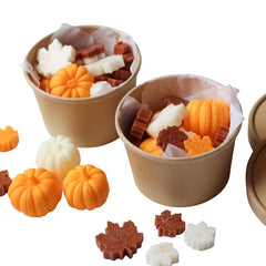 Jarful House Hello Pumpkin wax melts in Kraft cup 3.5 oz with pumpkin and maple leaf shapes