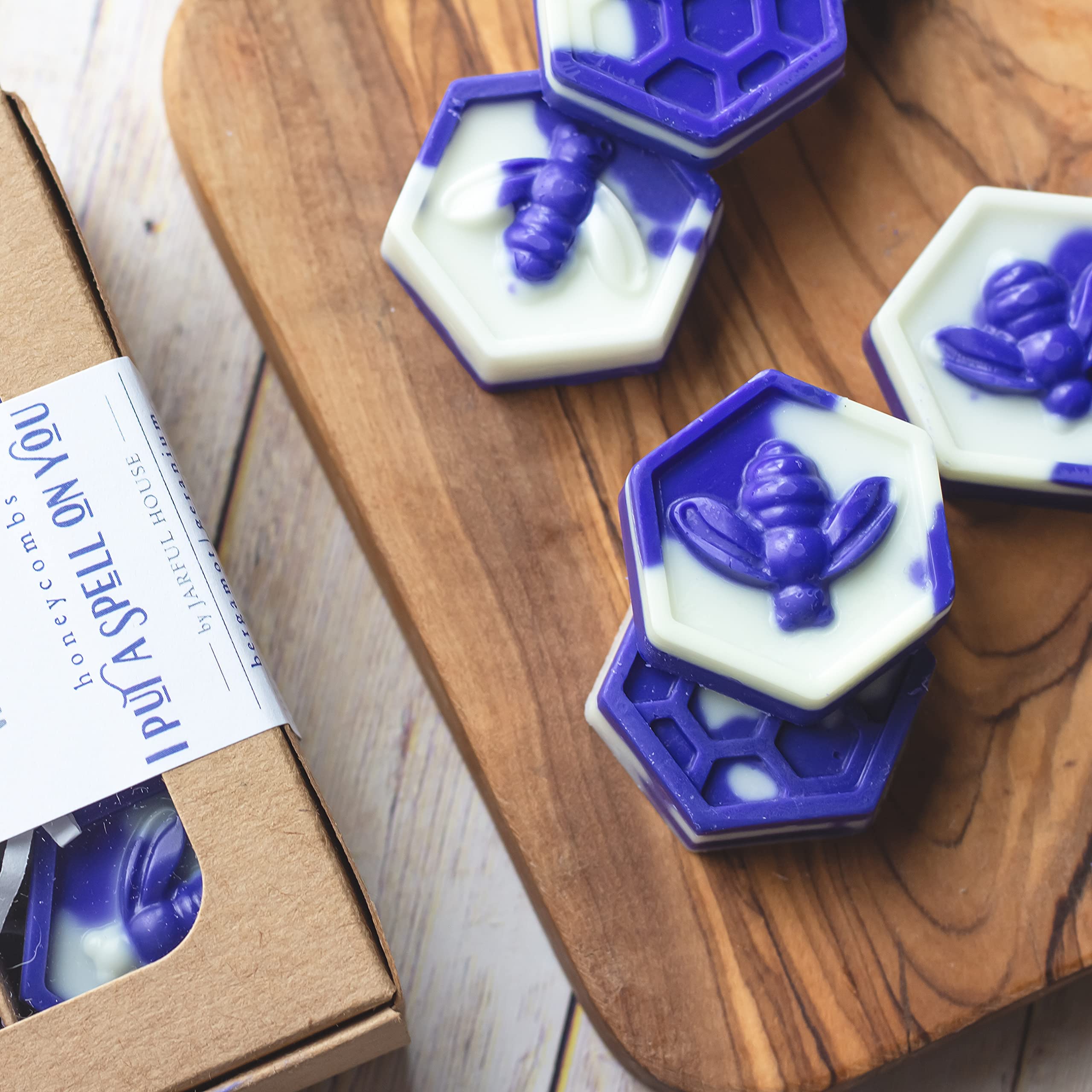 White and violet honeycomb wax melts packaging