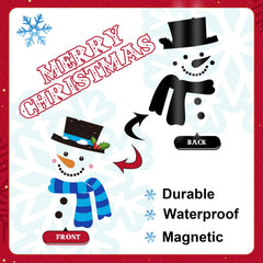 Blue and white Christmas magnet stickers on metal surface