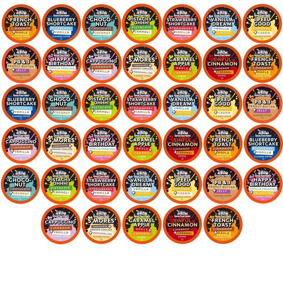 Java Factory flavored coffee pods assorted sampler packaging
