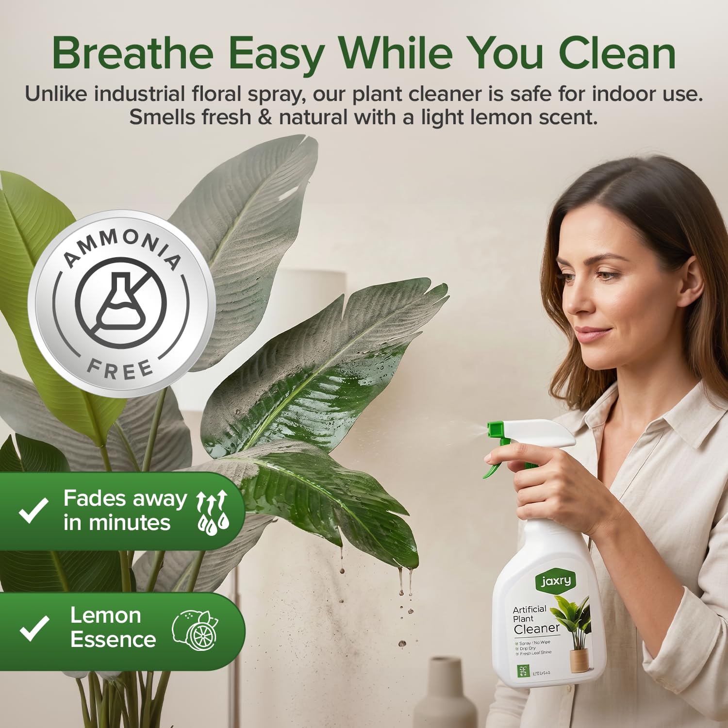 Jaxry no-wipe cleaner spray on dust and grime from faux plants