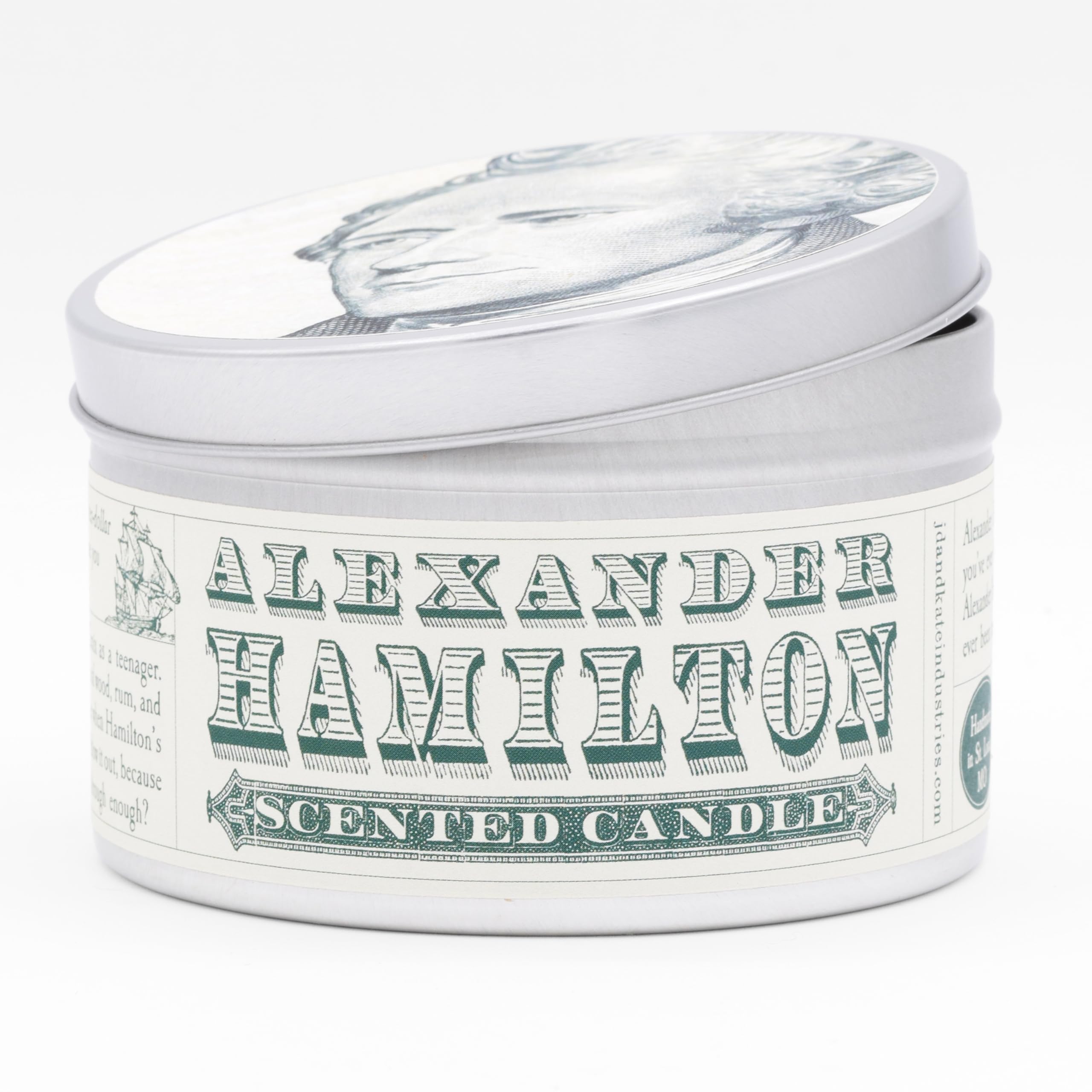 Alexander Hamilton candle packaging and product details