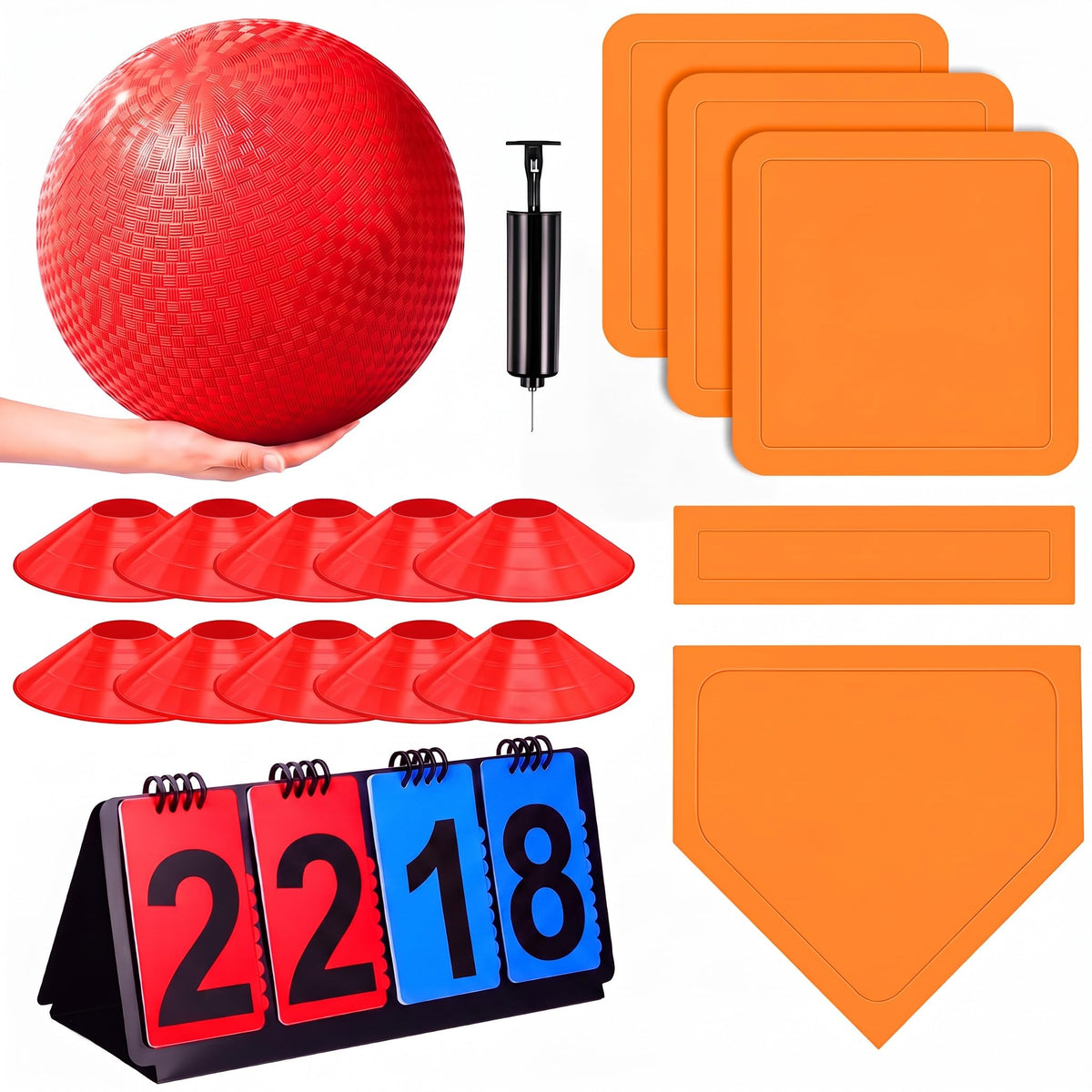 Jenaai 18 Pcs Kickball Set contents including ball pump and bases