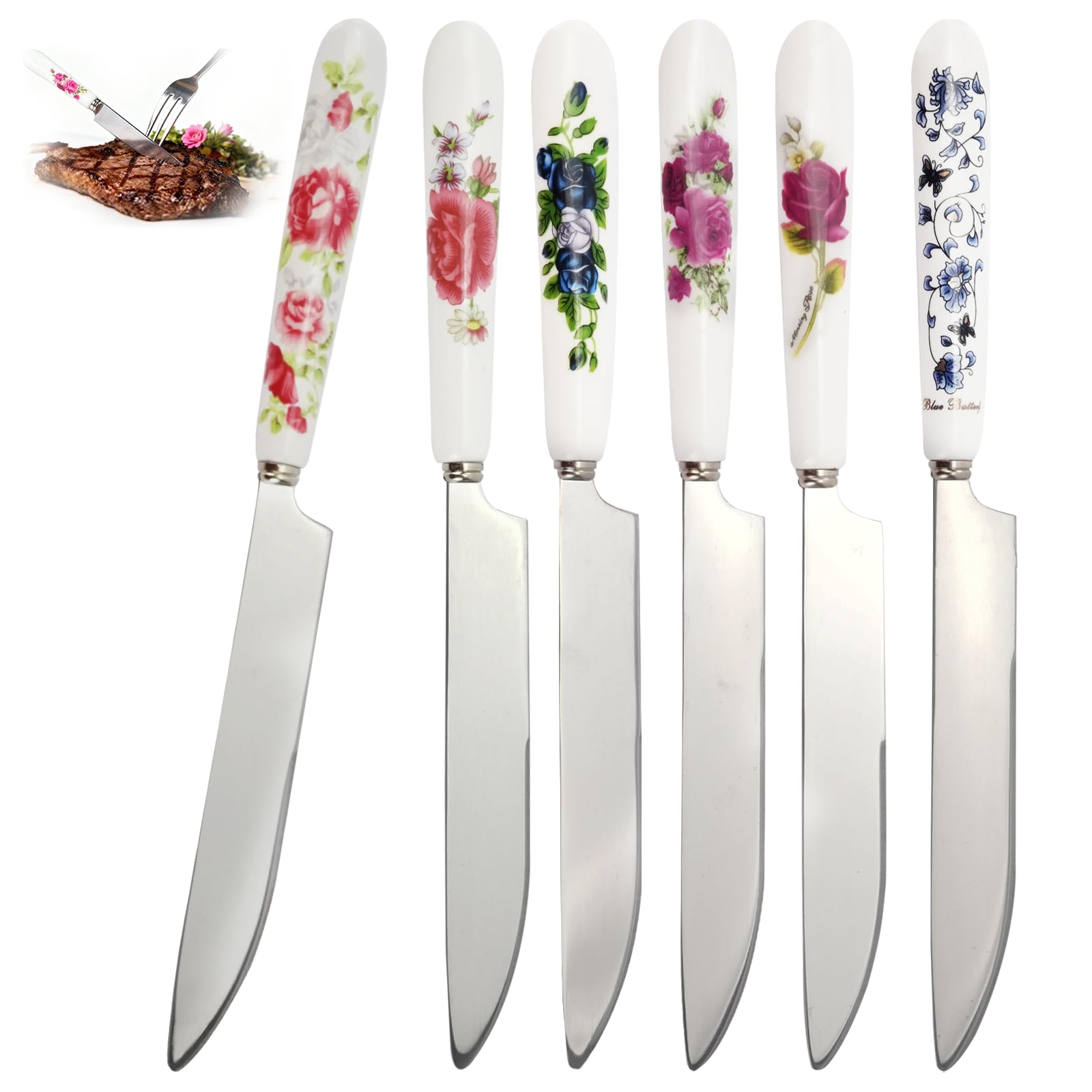 Jeppelus 6-pcs floral butter knife set with ceramic handles on table