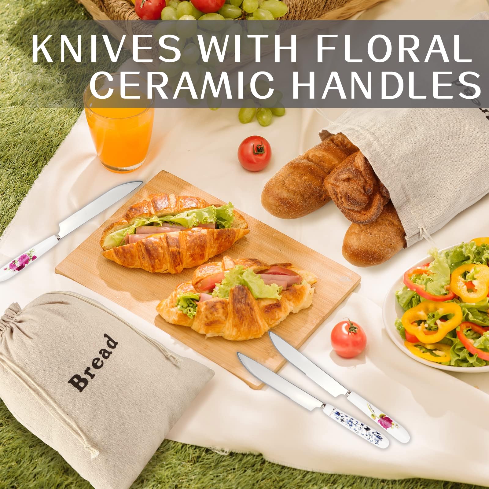 Close-up of ceramic floral handle on Jeppelus butter knife