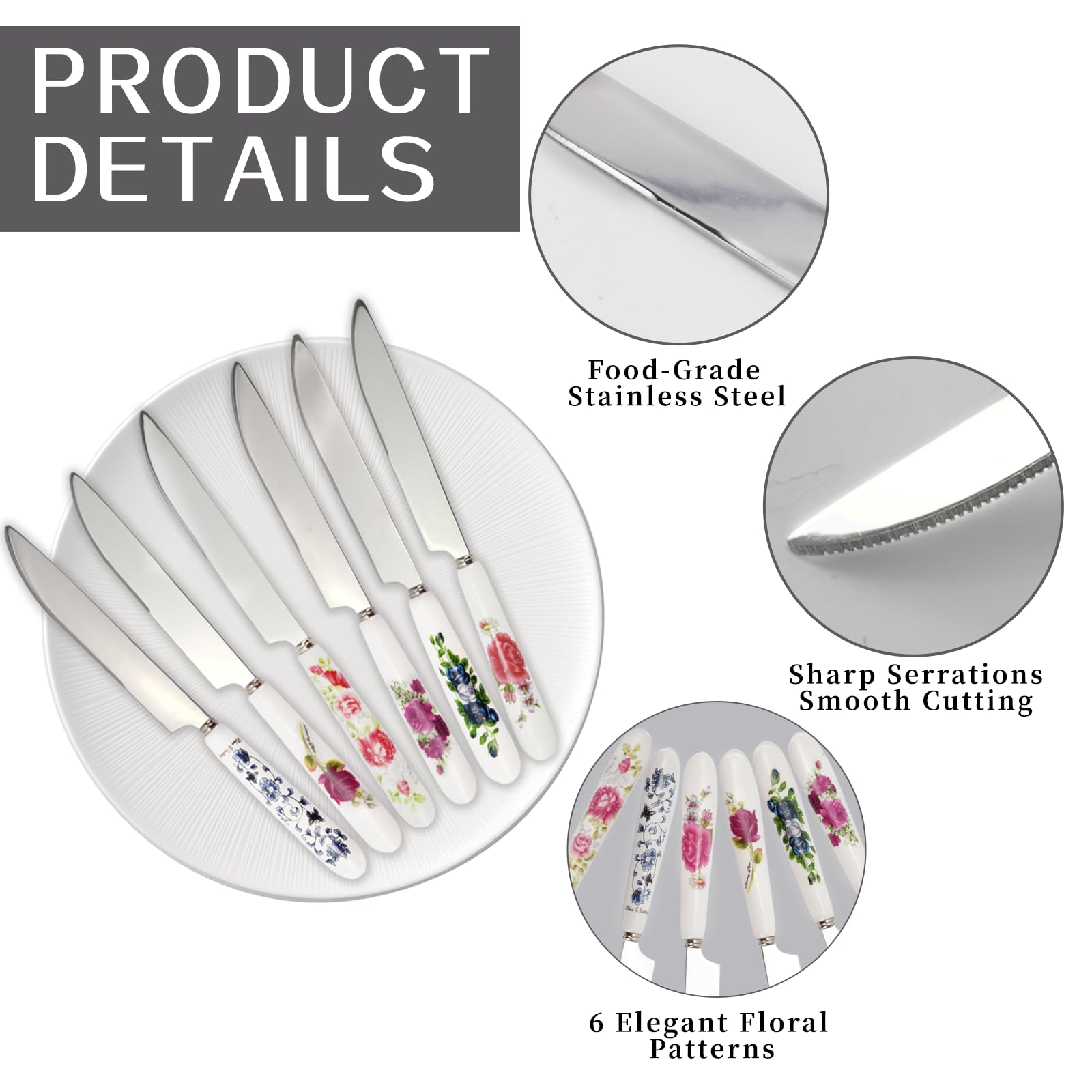 Stainless steel blades with ceramic floral handles butter knives