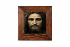 Jesus Christ face Shroud mini canvas 4x4 inch in brown wood frame front view