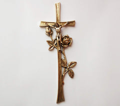 brass wall cross rose branch detail