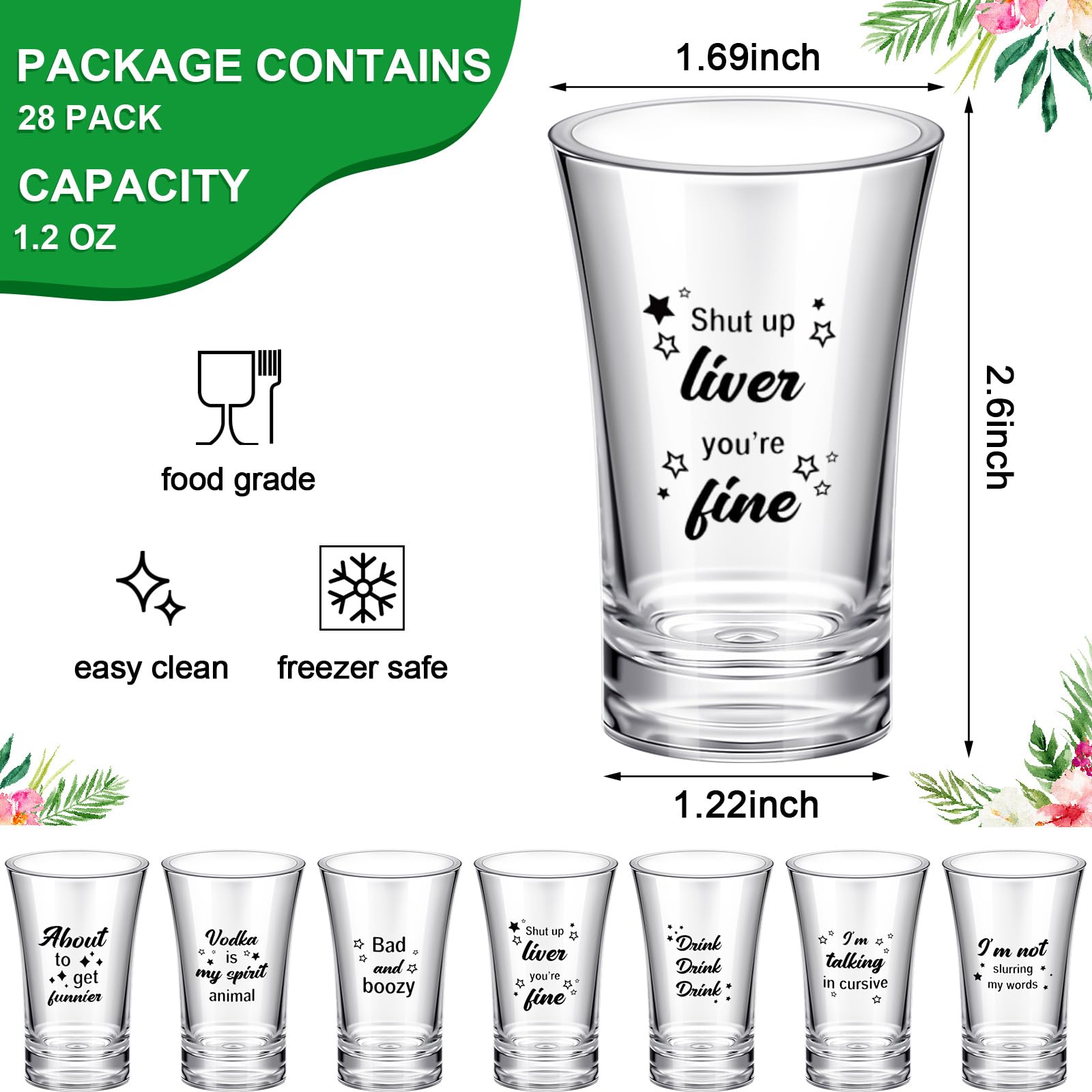 Acrylic shot glasses with clear body and black text design