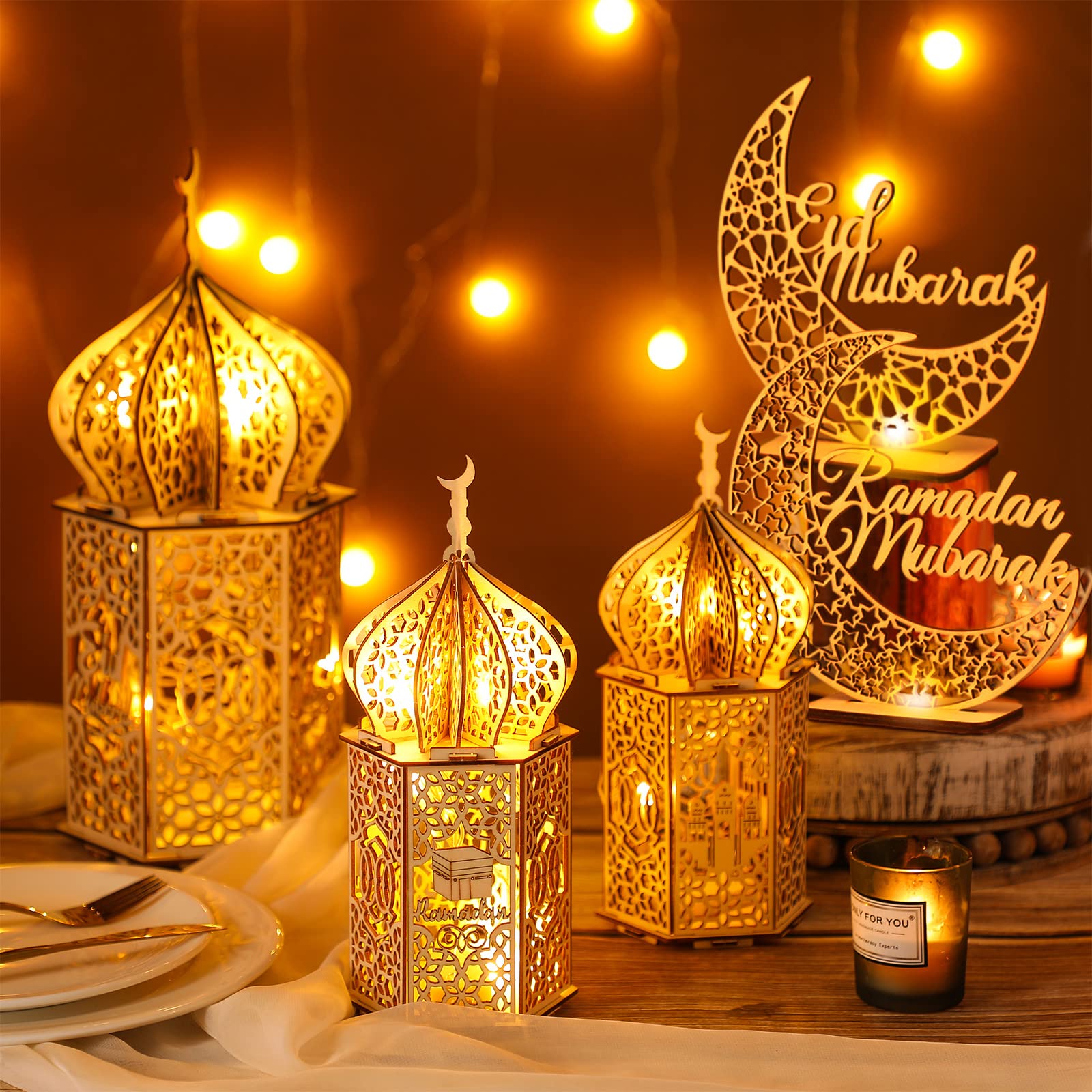 Wooden Eid Mubarak table sign with traditional star and moon design