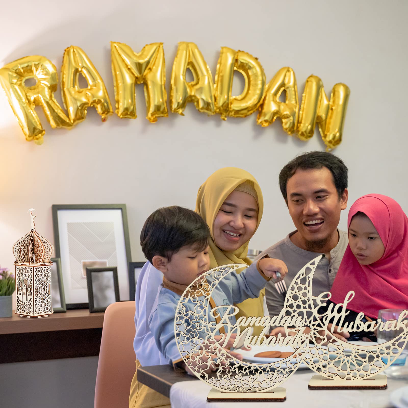 Pack includes 3 lanterns and 2 wooden moon Eid Mubarak decorations