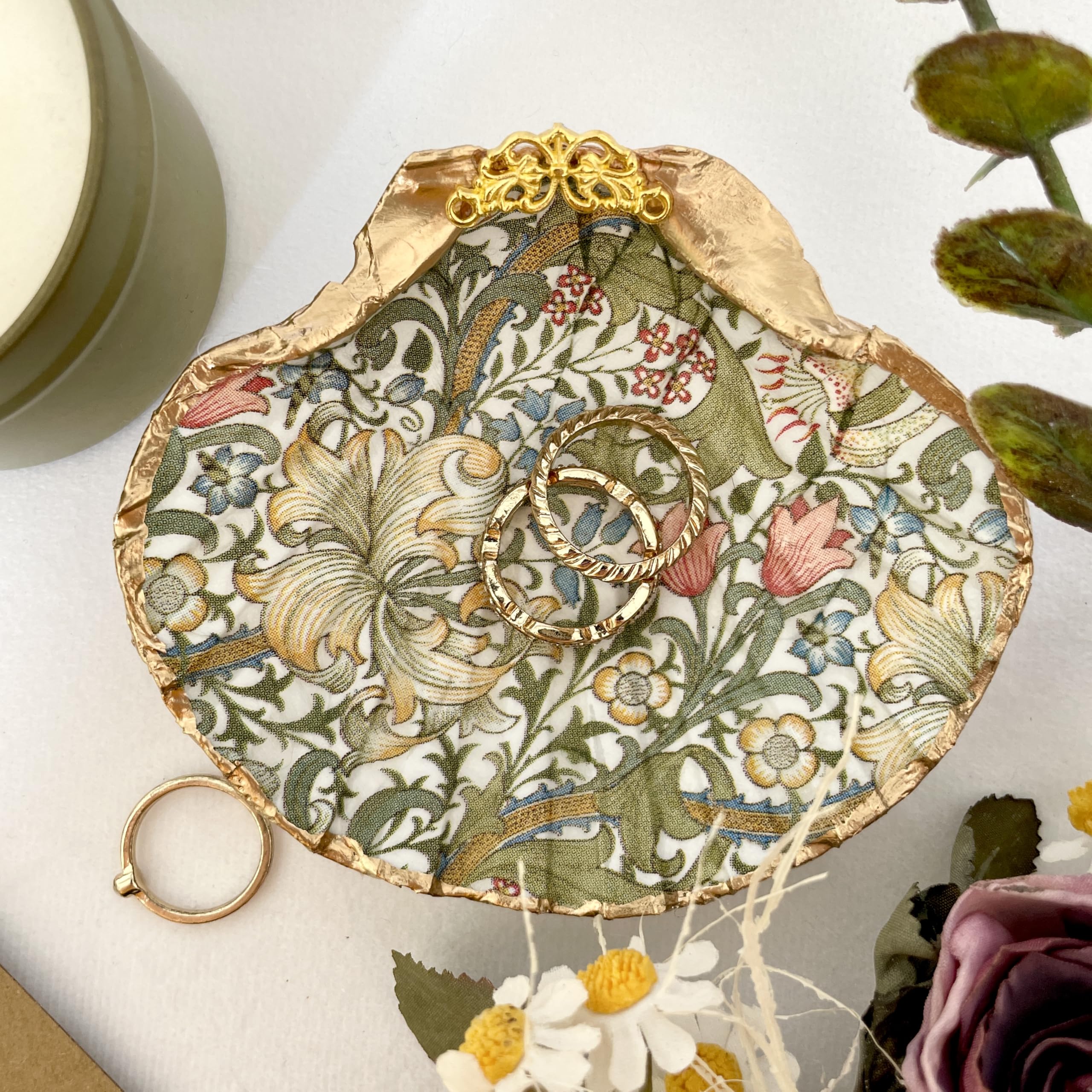 Gold leaf edged shell ring dish for vanity and dresser decor