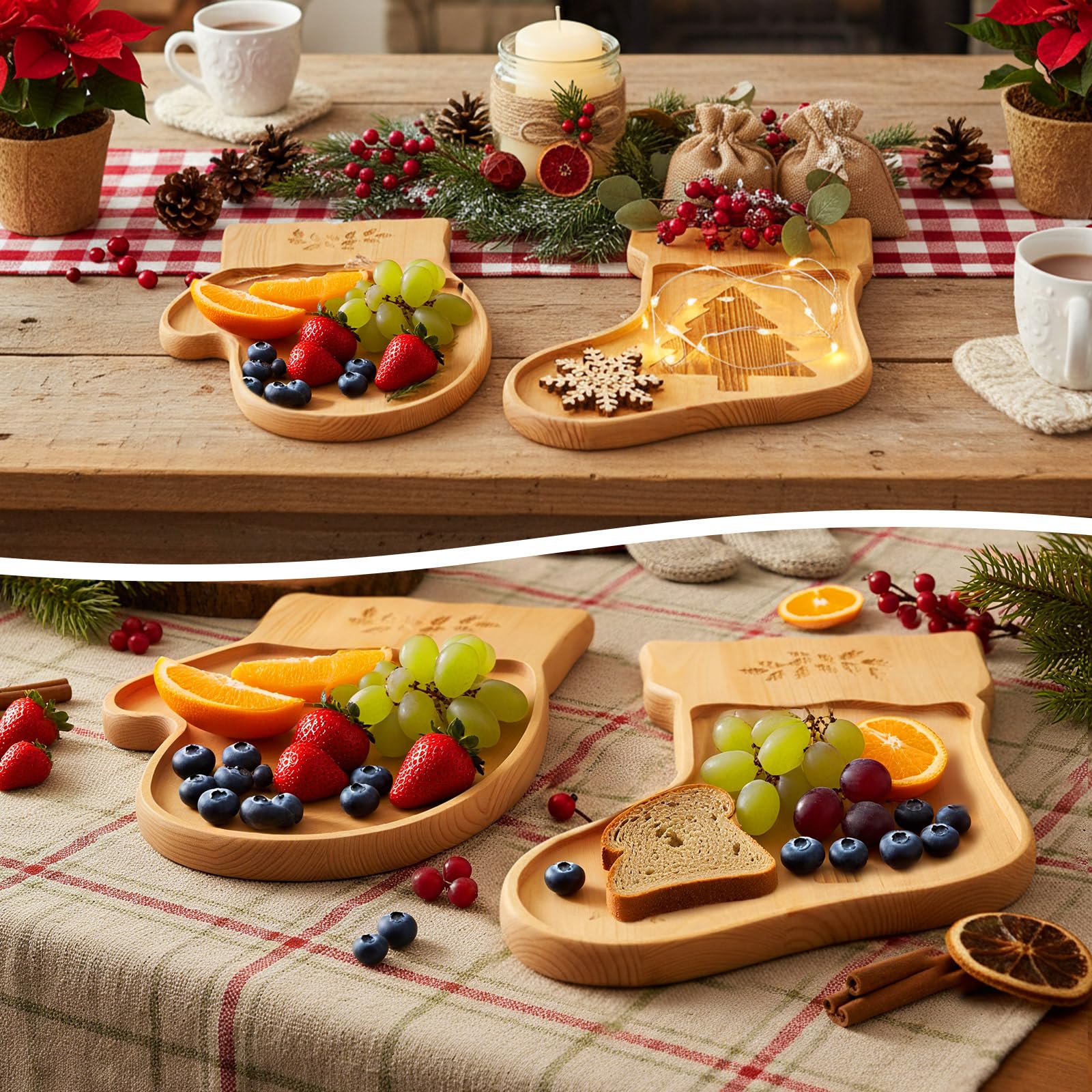 laser engraved Christmas patterns on pine wood trays