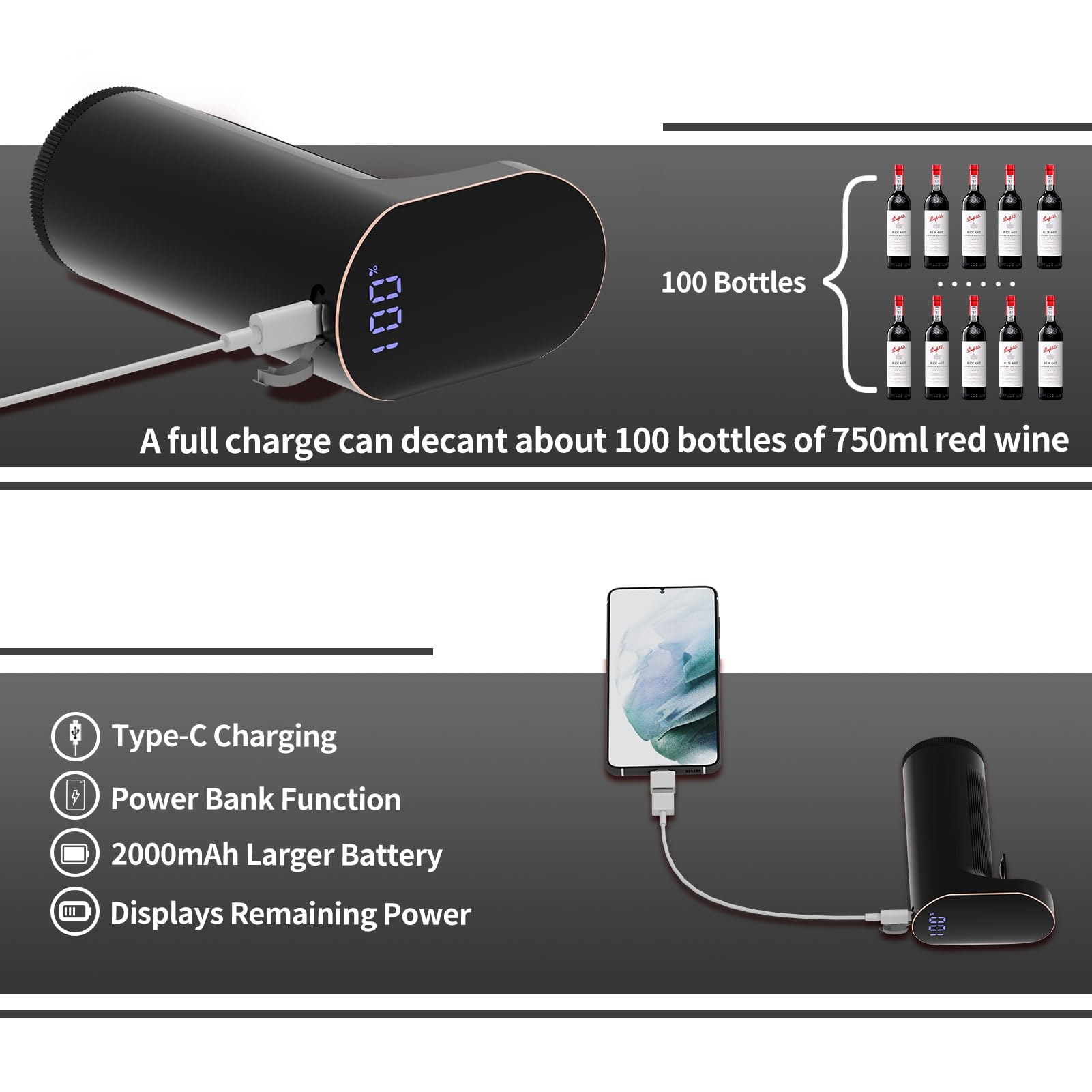 USB rechargeable wine aerator for portable use