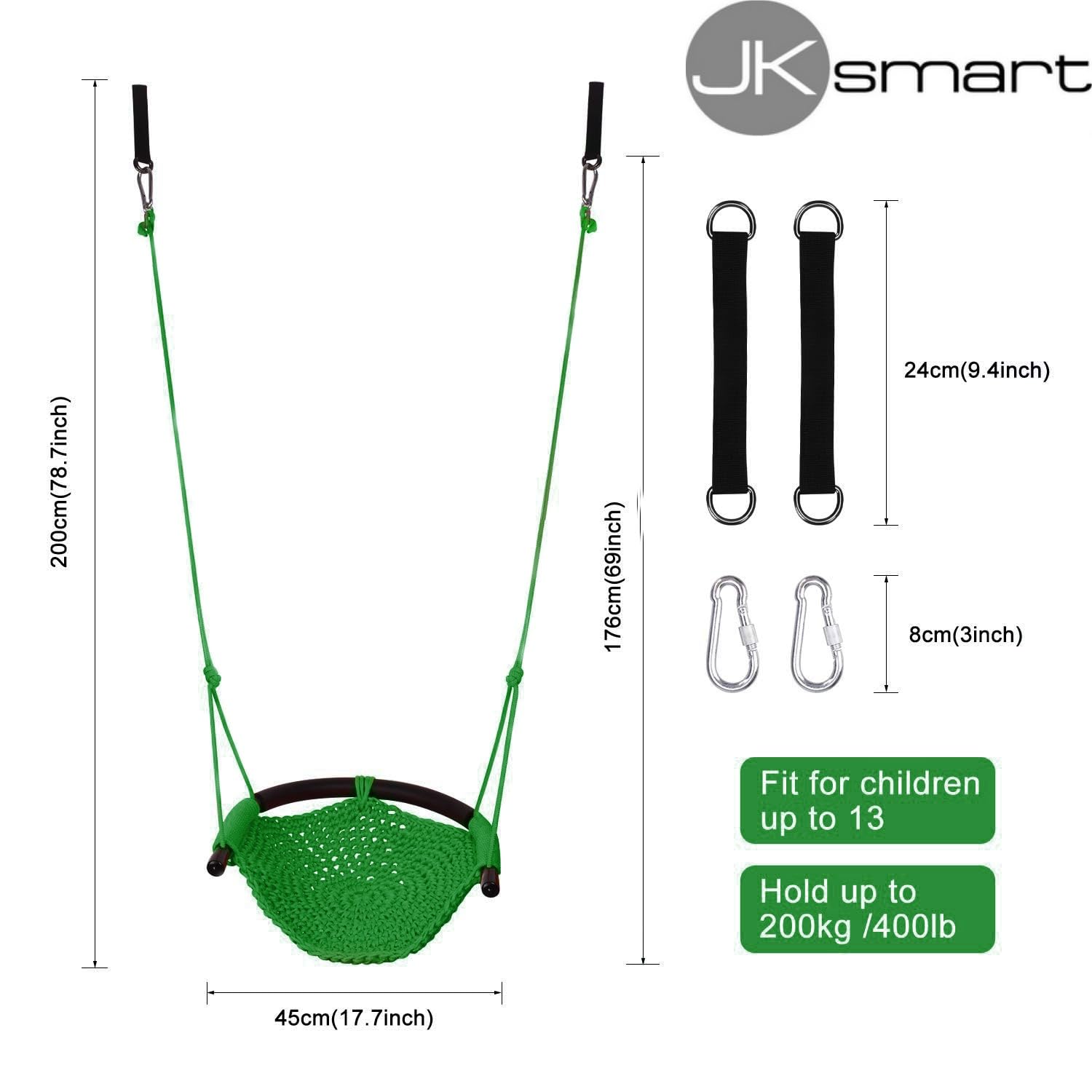 Adjustable height rope swing from 106 cm to 180 cm