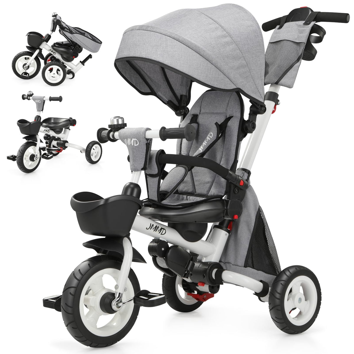 JMMD 8-in-1 foldable toddler tricycle with adjustable canopy and storage basket