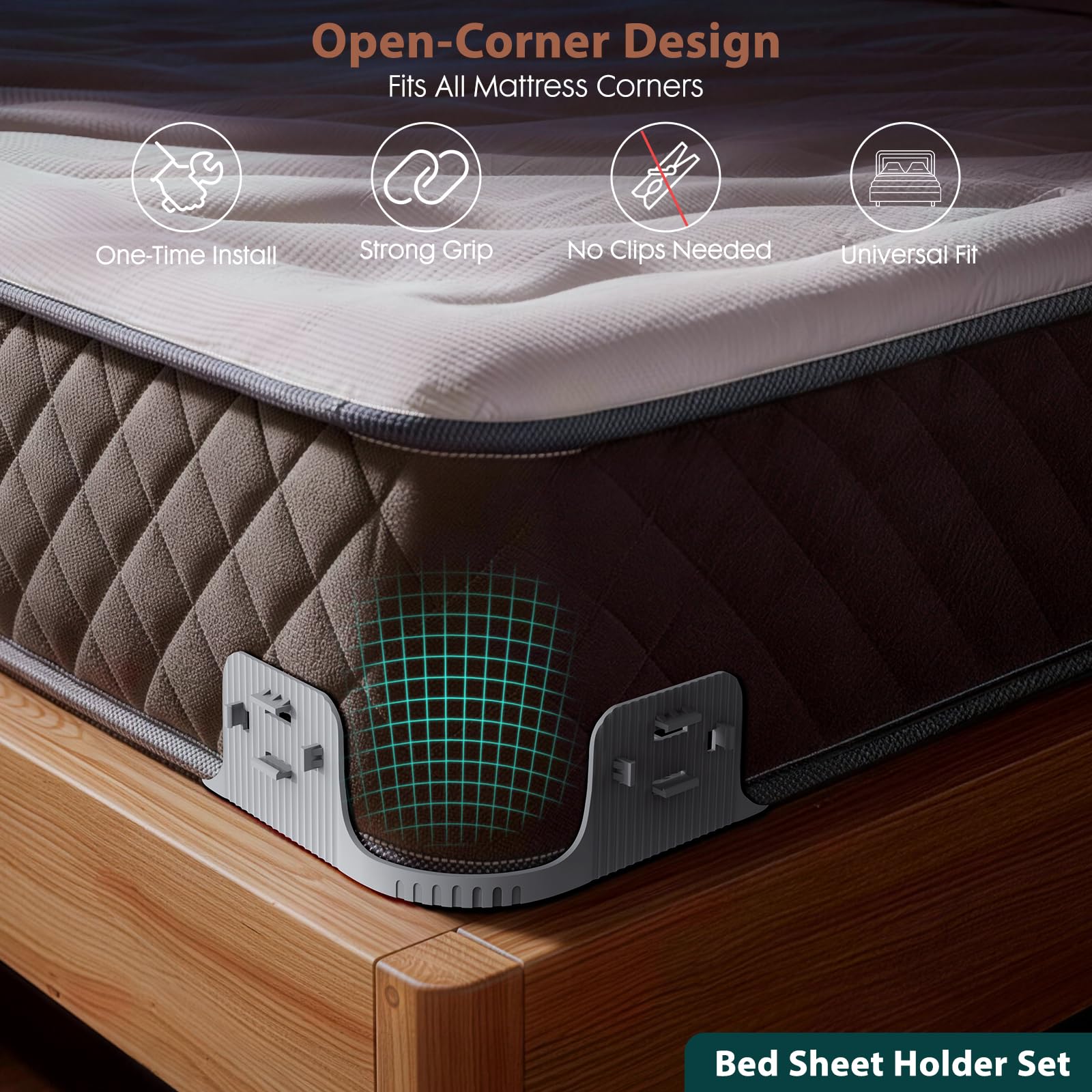 Snap-lock corner sheet locks installed on bed