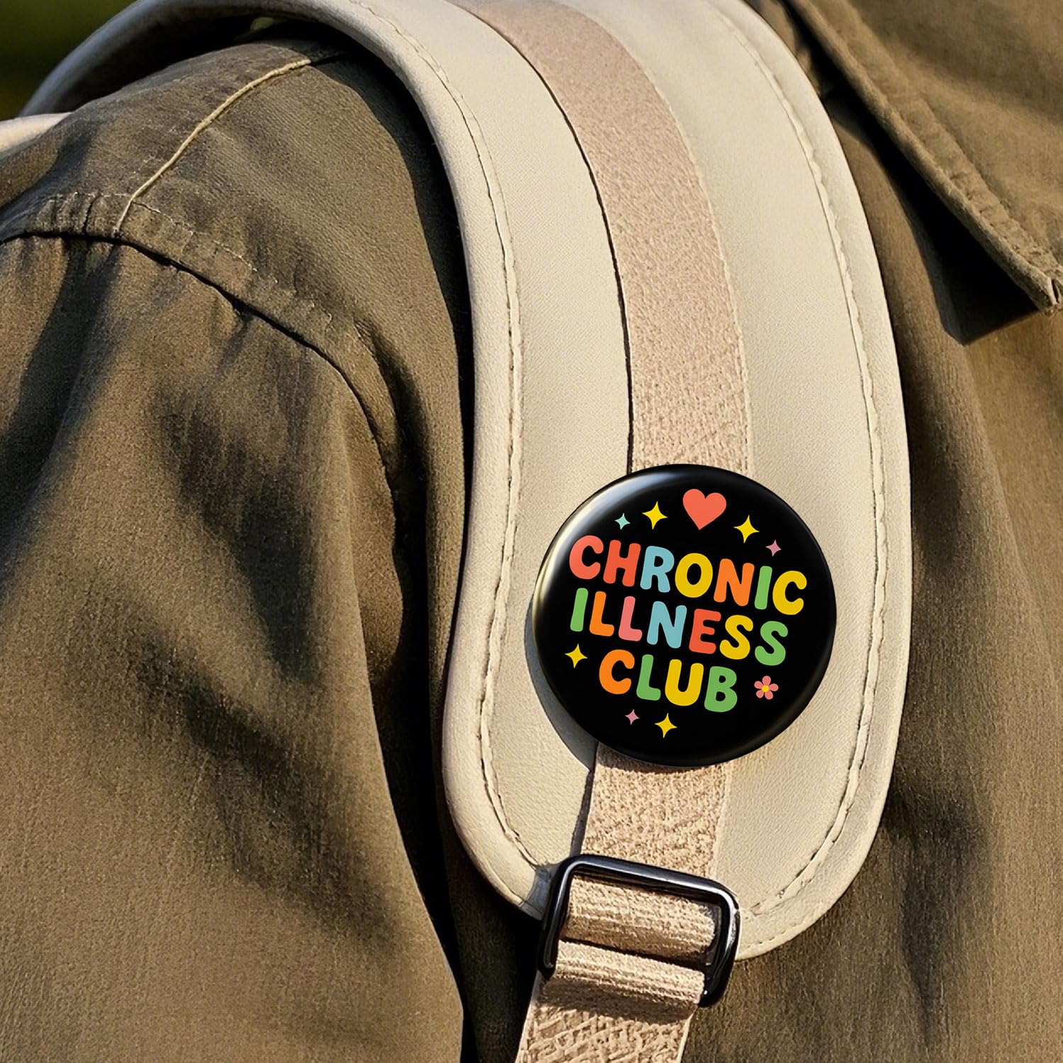 Durable metal badge with secure pinback for jackets