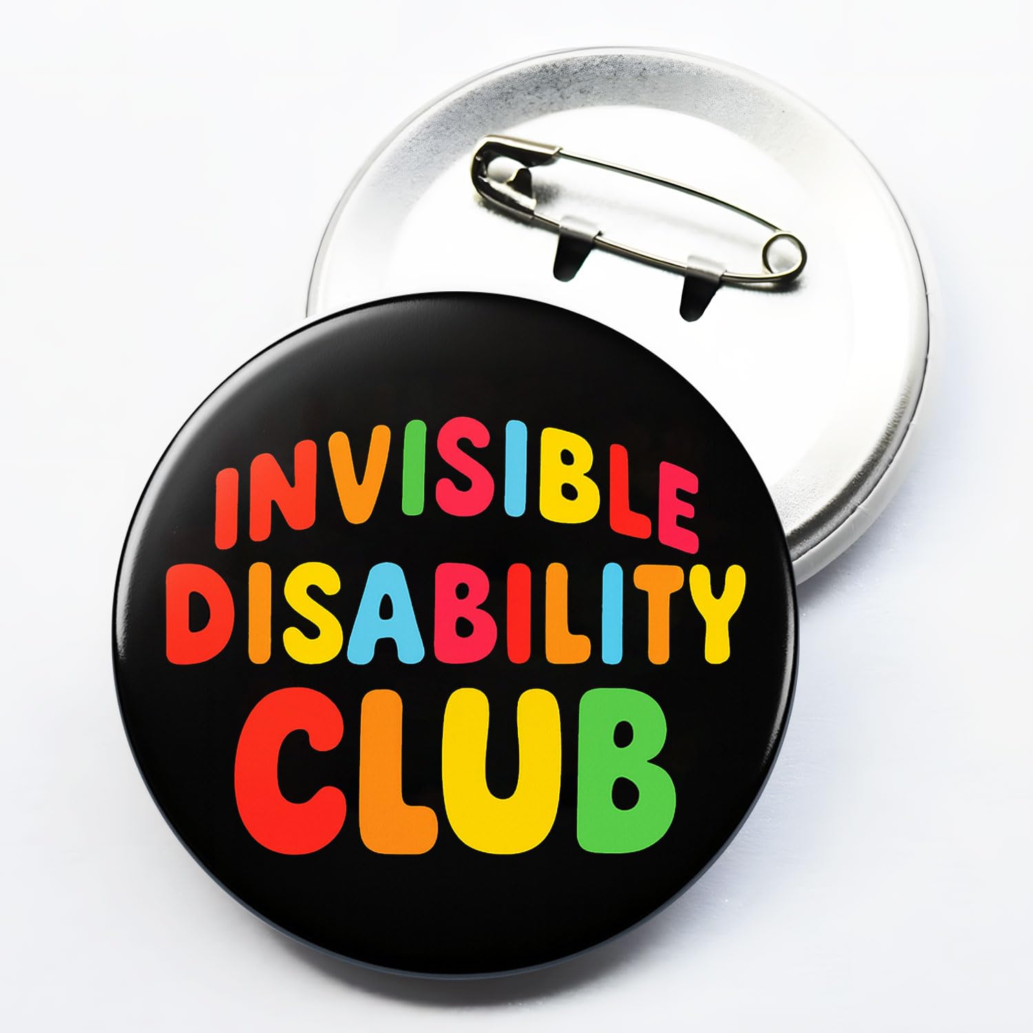 Pinback metal badge close up showing secure fastening