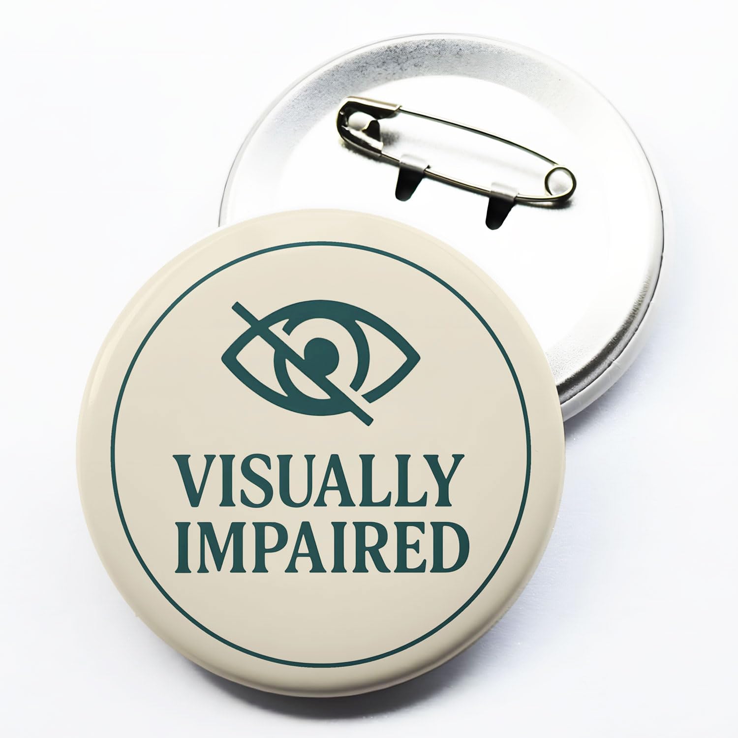 Beige circular badge displaying VISUALLY IMPAIRED with eye icon and pinback