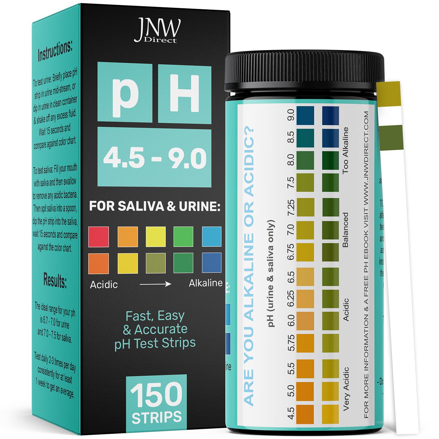 JNW Direct pH Test Strips for Urine and Saliva 150 strips
