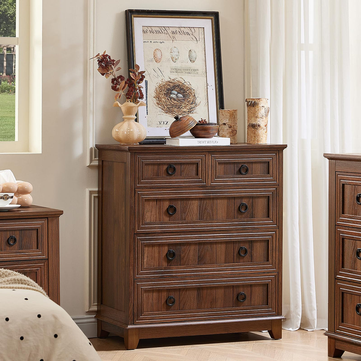 Joaxswe farmhouse 5-drawer dresser in bedroom