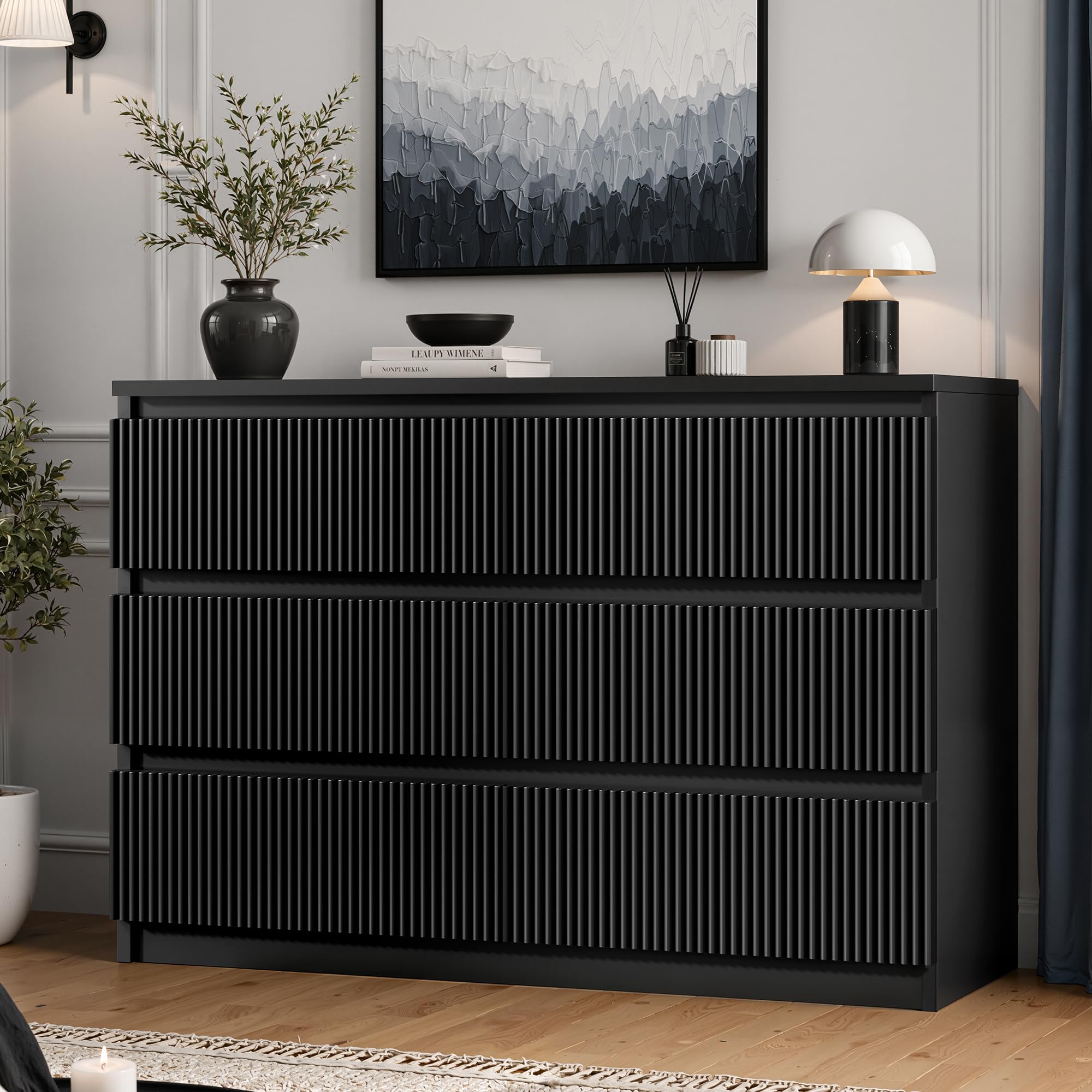 Jocoevol 6 Drawer Fluted Dresser side view black finish