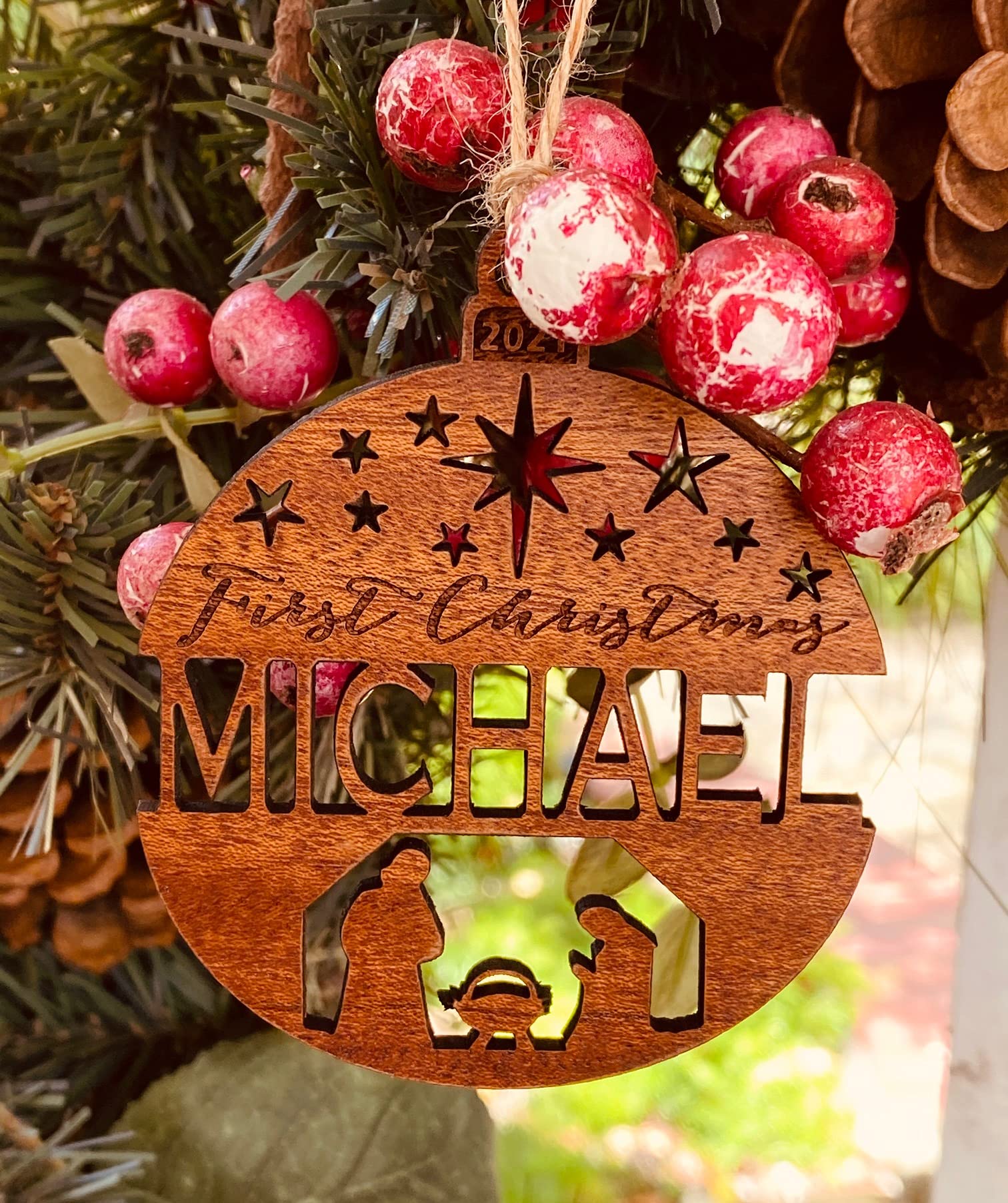 Solid wood ornament 3 inch diameter renewable maple or mahogany