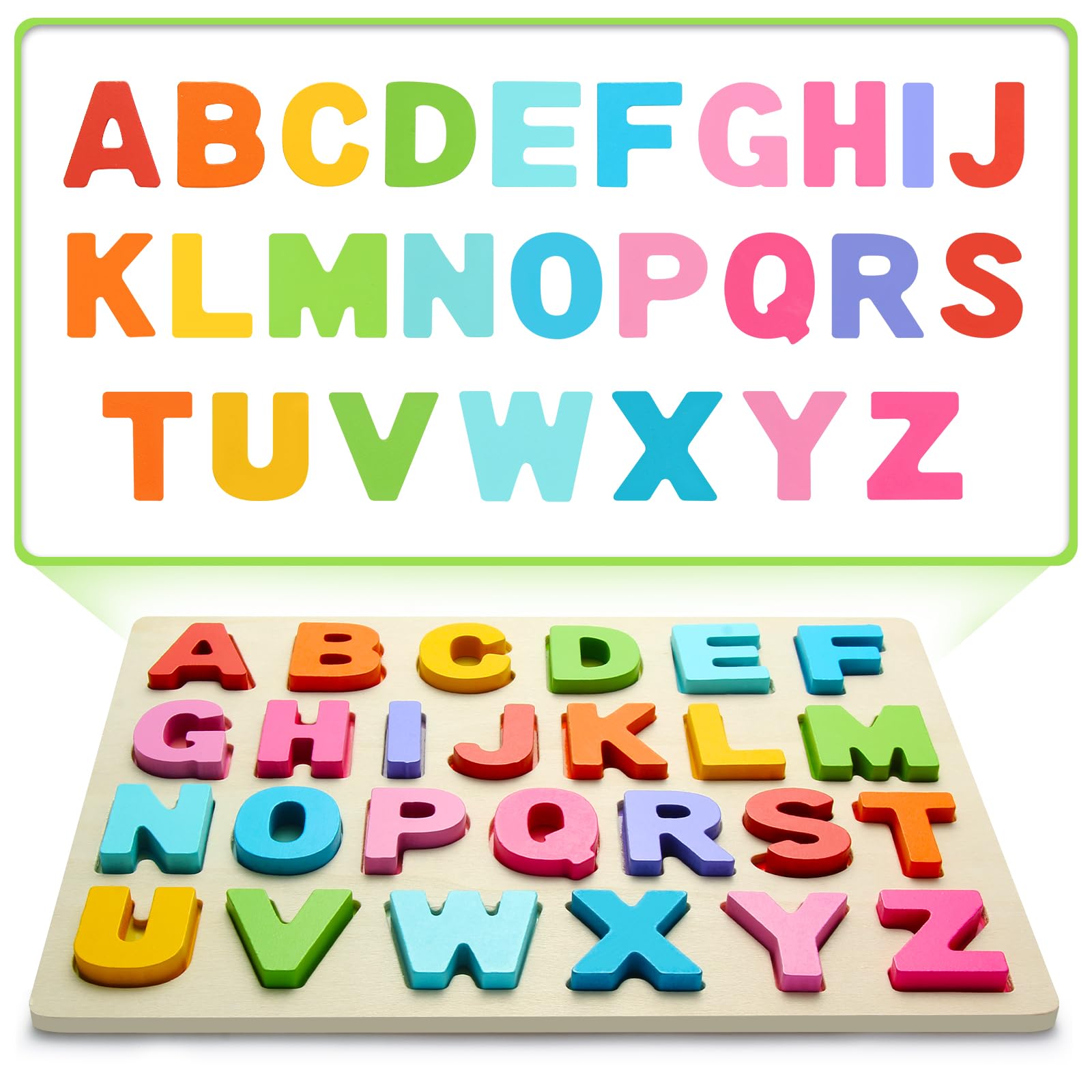 Smooth edged wooden alphabet puzzle for small hands