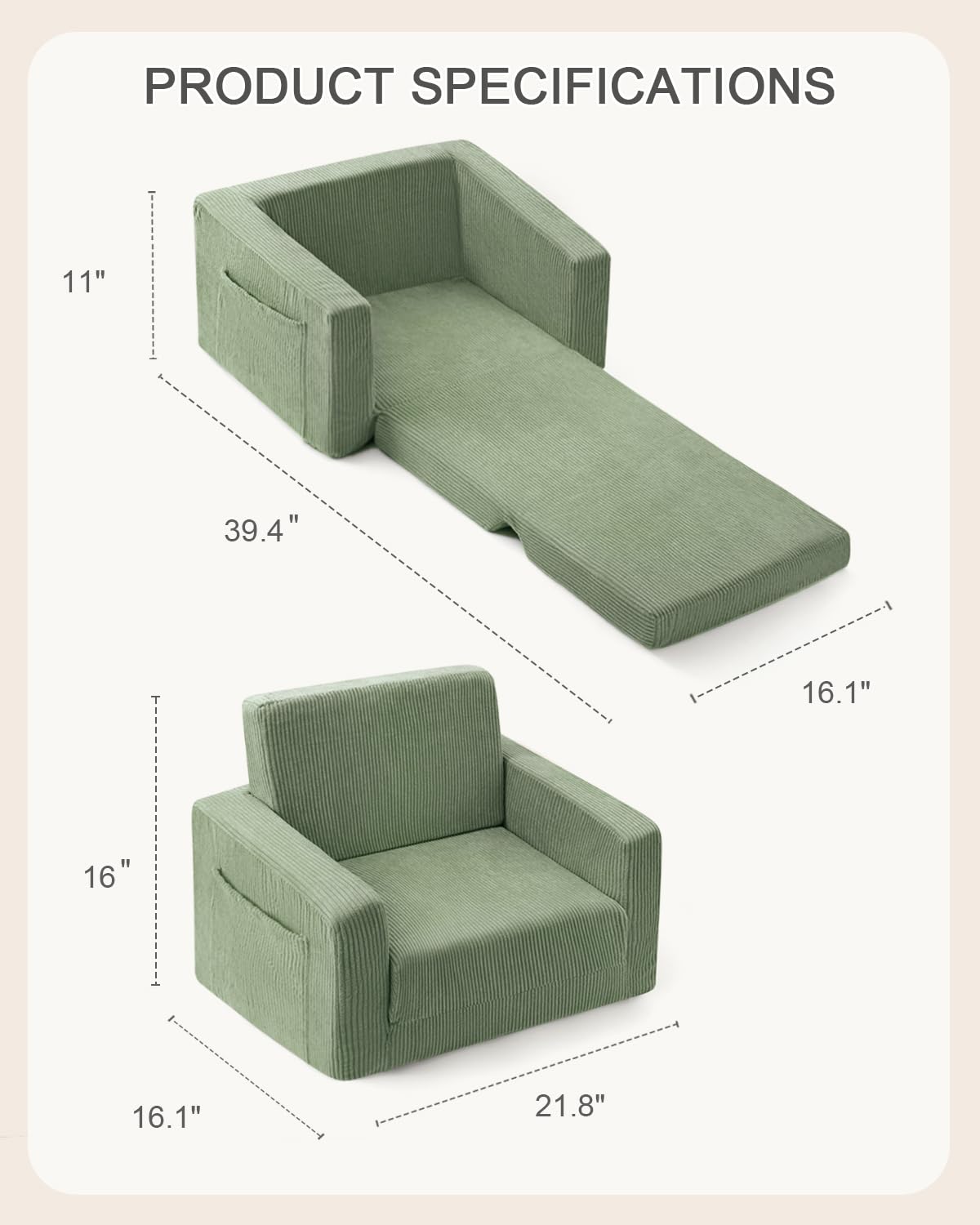 Convertible toddler sofa with high-density foam green