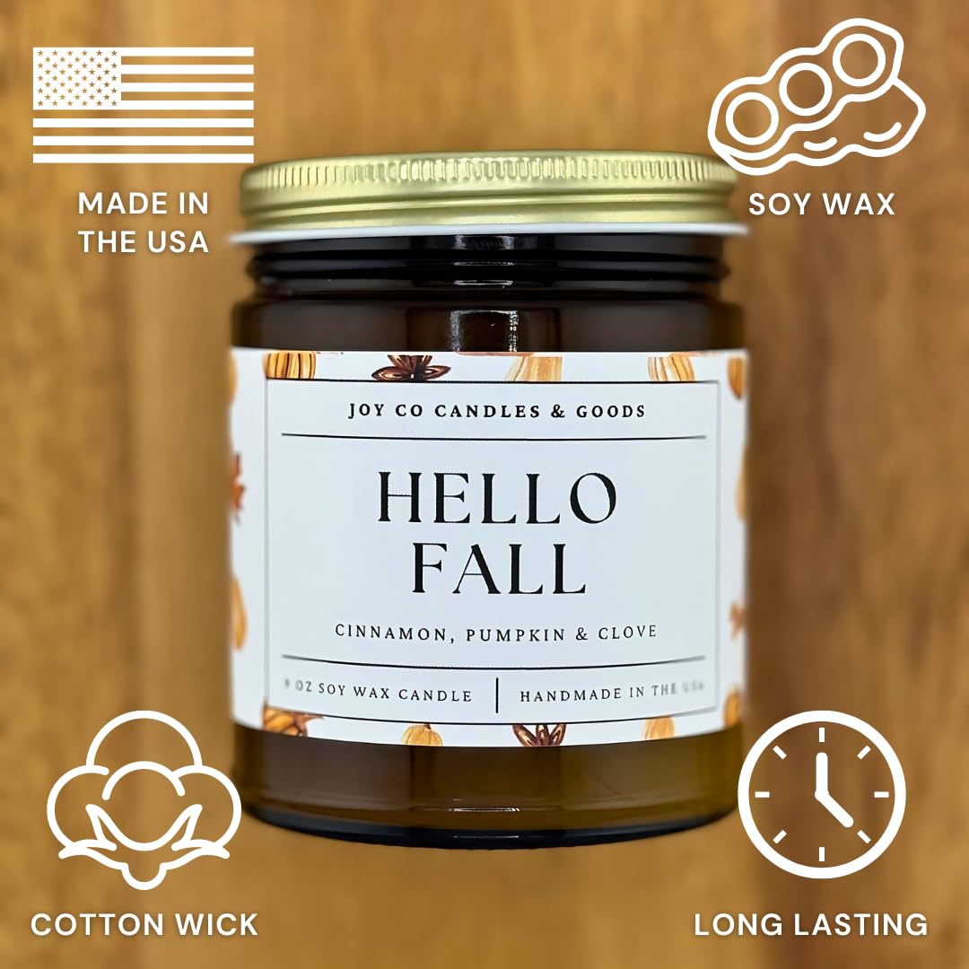 USA-made Hello Fall Candle in amber jar by JOY CO Candles & Goods